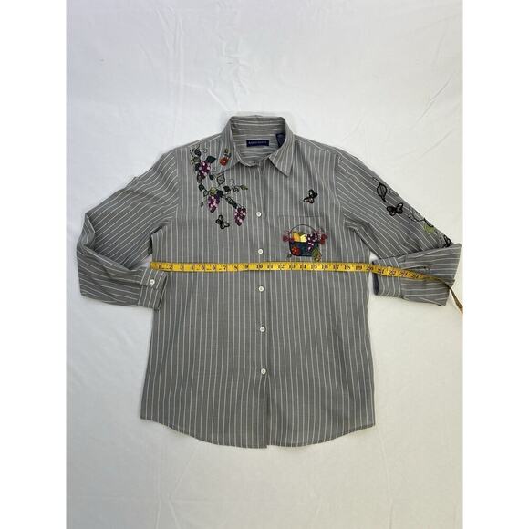 VTG Karen Scott Womens Button Up Shirt Embroidery Gardencore Stripped Gray Sz S - Picture 10 of 14